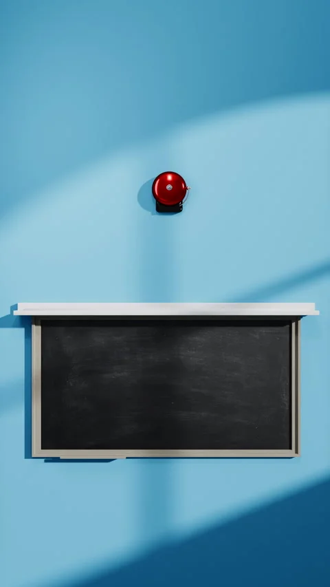 Red school bell mounted on blackboard Stock Footage 337629020