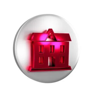 Red School building icon isolated on transparent background. Silver circle .. Ilustración de archivo