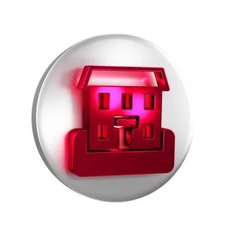 Red School building icon isolated on transparent background. Silver circle .. Ilustración de archivo
