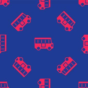 Red School Bus icon isolated seamless pattern on blue background. Public Stock Illustration