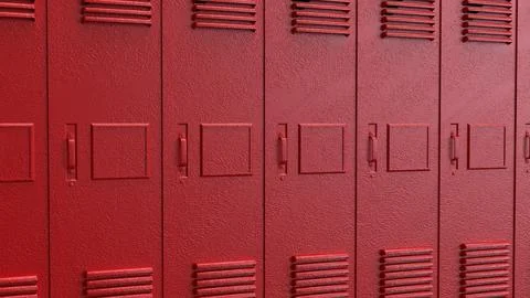 Red School Locker Row Background 3d render. 库存照片