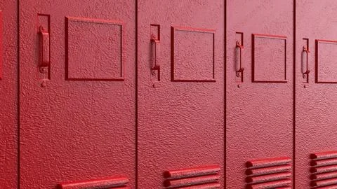 Red School Locker Row Background 3d render. Stock Photos