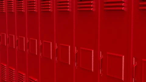 Red School Locker Row Background 3d render. Stock Photos