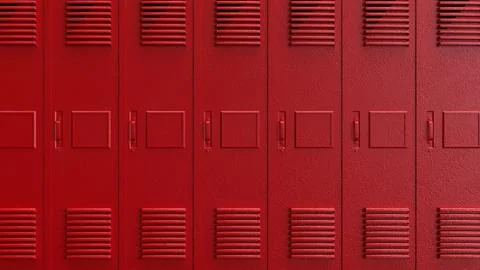 Red School Locker Row Background 3d render. Stock Photos