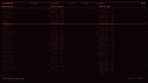 Red Sci Fi Terminal HUD Display with Command History Process Table and Memory Stock Footage 334637916