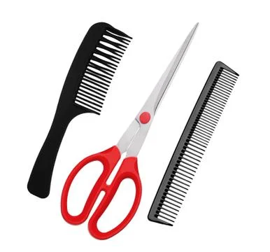 Red scissors and combs isolated on white Stock Photos