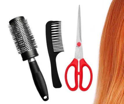 Red scissors, combs and red hair isolated on white Stock Photos
