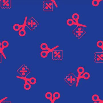 Red Scissors cuts discount coupon icon isolated seamless pattern on blue Illustrazione stock