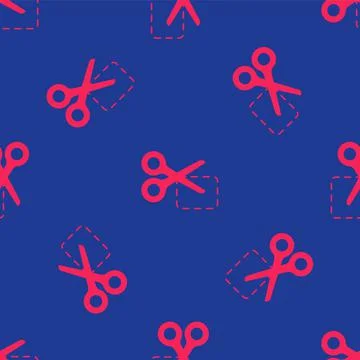 Red Scissors cuts discount coupon icon isolated seamless pattern on blue イラスト素材