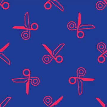 Red Scissors icon isolated seamless pattern on blue background. Cutting tool Stock Illustration