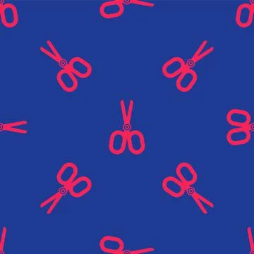 Red Scissors icon isolated seamless pattern on blue background. Tailor symbol 스톡 일러스트