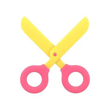 Red scissors with yellow sharp blade 3d icon vector illustration. Cutting s.. Stock Illustration