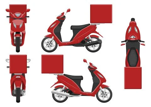 Red scooter vector template. Vehicle branding mockup side, front, back, top v Stock Illustration
