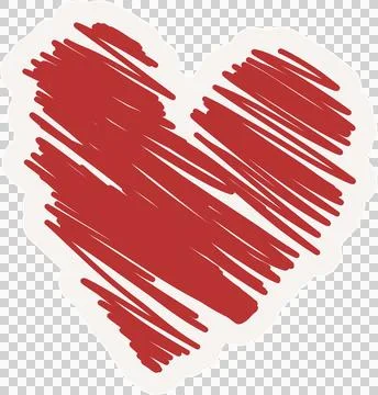 Red scribbled heart is floating over transparent background, featuring white Ilustração Stock