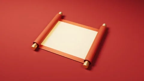 Red scroll unfurls revealing blank parchment on plain background. Stock Footage 332315335