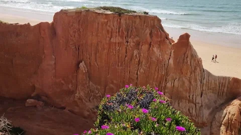 Red Sea Cliffs and Atlantic Beach in Algarve Portugal Stock Footage 346180491