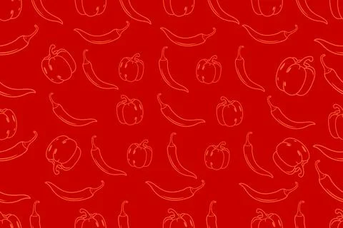 Red Seamless Pattern with Hand-Drawn Chili and Bell Pepper Outlines Stock Illustration