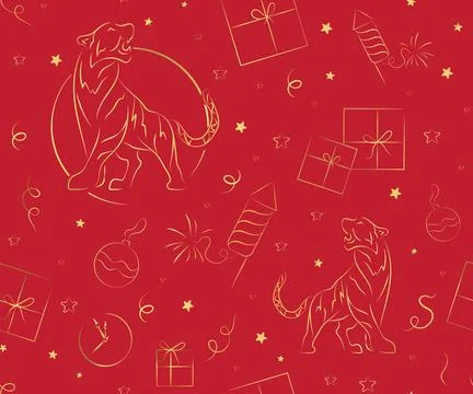Red seamless pattern set CNY 2022 Happy Chinese New Year, golden tiger cat, L Illustrazione stock