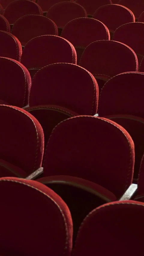 Red seats in an empty cinema hall. Dark auditorium with rows of soft chairs. Stock Footage 276484278