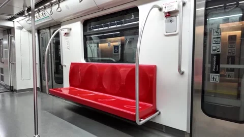 Red Seats Inside Modern Metro Train Car Stock Footage 308577209