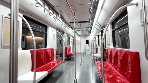 Red Seats Inside Modern Metro Train Car Stock Footage 308577464