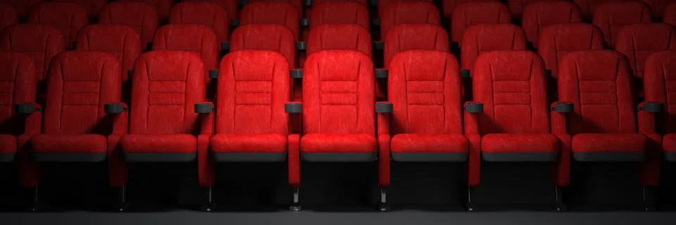 Red seats rows in empty cinema hall. Movie theatre and cinema concept. Иллюстрация