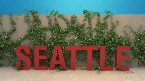 Red Seattle title in front of ivy covered wall 3D render Stock Illustration