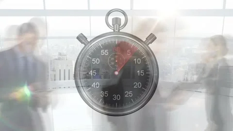Red second hand advancing stopwatch overlay marking time while office staff Stock Footage 330191034