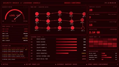Red Security Breach Lockdown Console With Severity Meter And Isolated Node Map. Stock Footage 348295248