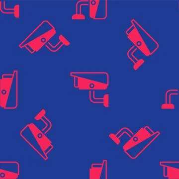 Red Security camera icon isolated seamless pattern on blue background.  Vecto Illustrazione stock