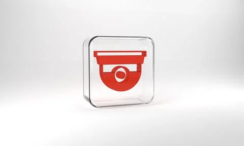 Red Security camera icon isolated on grey background. Glass square button. 3d Stock Illustration