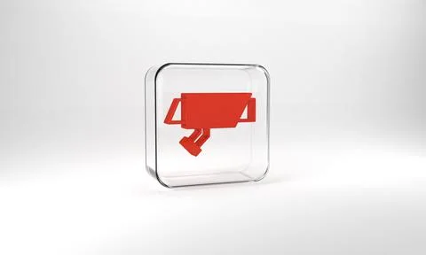 Red Security camera icon isolated on grey background. Glass square button. 3d Stock Illustration