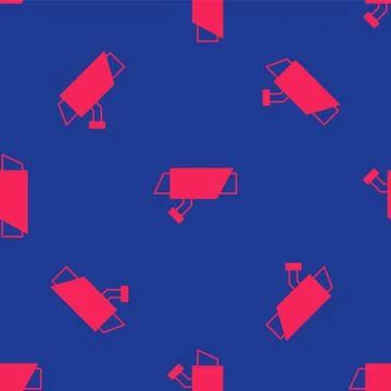 Red Security camera icon isolated seamless pattern on blue background.  Vecto 스톡 일러스트