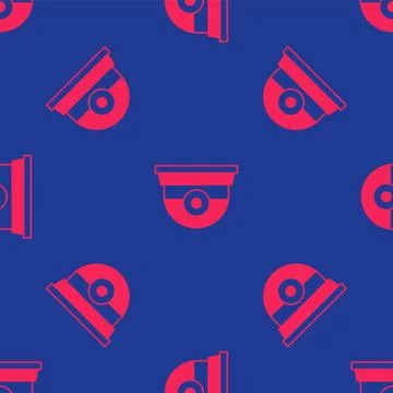 Red Security camera icon isolated seamless pattern on blue background. Vector Illustrazione stock