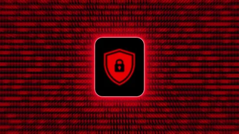 Red security shield icon with lock animation over digital binary code data .. Stock Footage 336803639