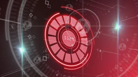 Red segmented circular HUD displaying 1587 reading, rotating in binary arcs and Stock Footage 307456766