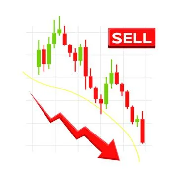Red sell button with bearish candlestick chart, downward red arrow and yellow Illustration