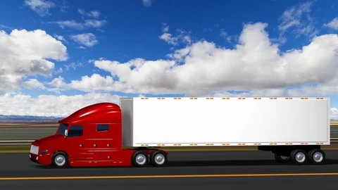 Red Semi Truck Pulling Plain White Tractor Trailer on Highway - 3D Animation Stock Footage 107107539