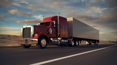 Red Semi Truck with White Trailer Driving on Desert Highway Stockbeeldmateriaal 27351953