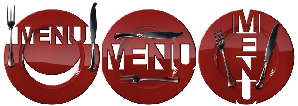 Red Serving Plates with Text Menu and Silver Cutlery Stock Photos