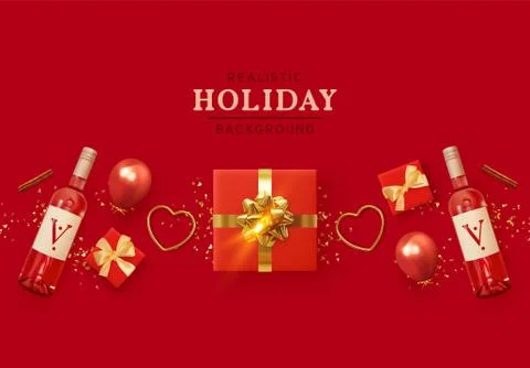 Red of set romantic realistic decorative objects 3d render for design. Gift box Stock Illustration