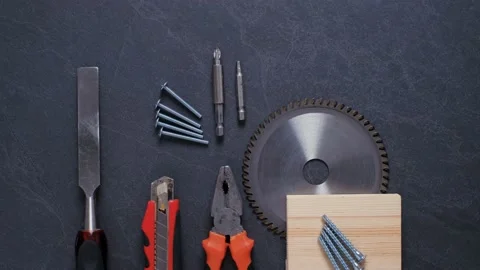 Red set of work construction tools on the table Stock Footage 143272424