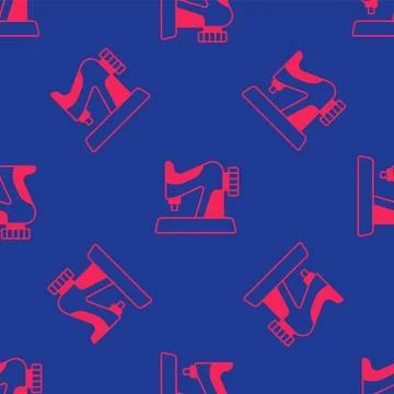 Red Sewing machine icon isolated seamless pattern on blue background. Vector Illustrazione stock
