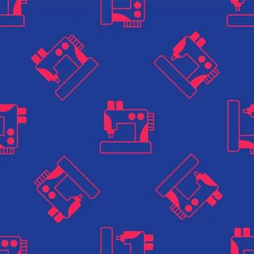 Red Sewing machine icon isolated seamless pattern on blue background. Vector イラスト素材