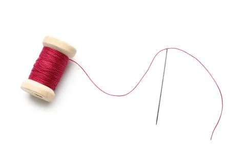 Red sewing thread with needle on white background Stock Photos
