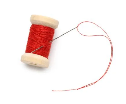 Red sewing thread with needle on white background Stock Photos