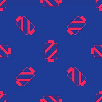 Red Sewing thread on spool icon isolated seamless pattern on blue background Stock Illustration