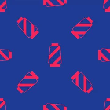Red Sewing thread on spool icon isolated seamless pattern on blue background Stock Illustration