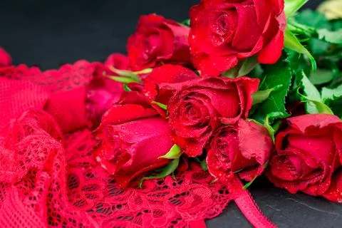 Red sexy background with red knickers and roses Stock Photos