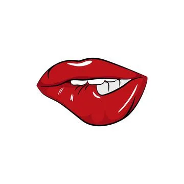 Red sexy lips sticker patch. Female makeup with kisses and smile Stock Illustration